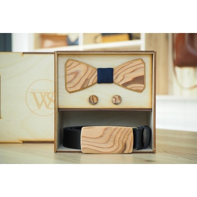 Wood Style Set Hranatý Kořenice opasek motýlek a manžetové knoflíčky Modrotisk