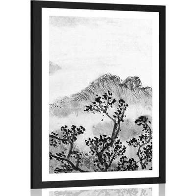 Plakát s paspartou tradiční čínská malba země v černobílém provedení - 40x60 no frame