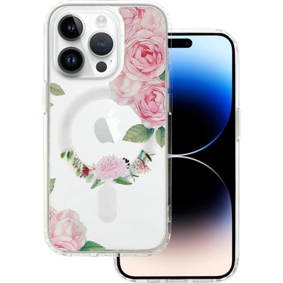 Кейс Tel Protect Flower, за IPhone 12, Magsafe, Защита около камерата, Прозрачен с розови рози (4248)