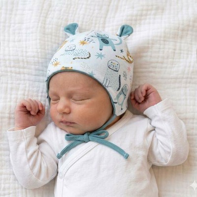 Baby Service Dojčenská dvojvrstvová zaväzovacia čiapočka s uškami Mačka Modrá