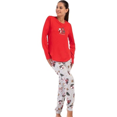 Дамска коледна пижама в червено и сиво с пингвинче