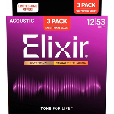 Elixir 16565 Bronze Nanoweb Light Acoustic Guitar (012-053) 3-PACK