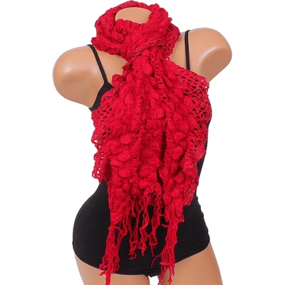 Плетен шал в червено с ламе и ресни