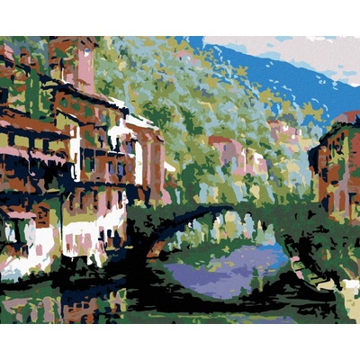 zuty Řeka mezi domy a obrostlý můstek 100 x 80 cm vypnuté plátno na rám 8596530036876