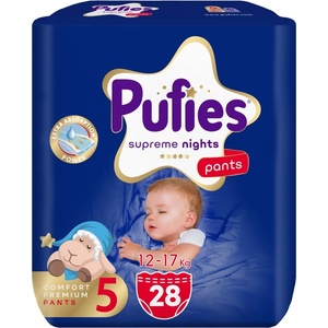 pufies Пелени гащи Pufies Supreme Nights - Value Pack, размер 5 Junior, 12-17 kg, 28 броя (3800024036996) - baby