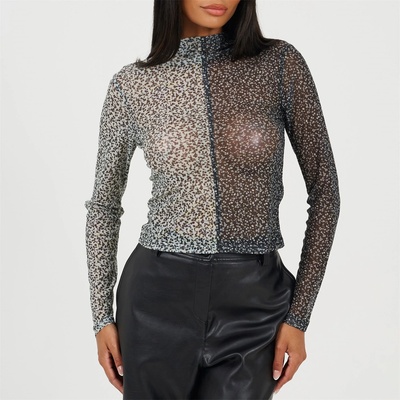 Brave Soul Тениска Brave Soul Women's Mesh Long Sleeve T-Shirt - Black/Cream