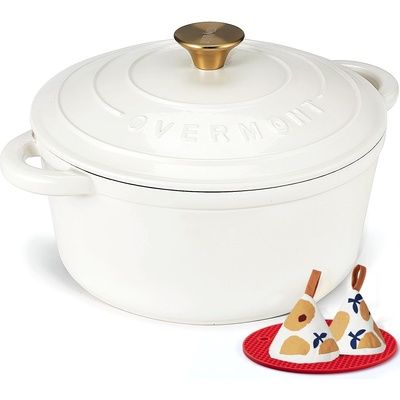 Overmont roasting pan enamel cast iron pot - casserole dish 26cm oven-safe - with lid and cookbook - for kitchen baking stewing roasting pearl white - 26DOPW