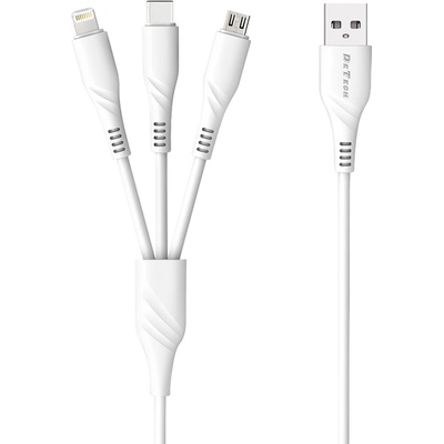 DeTech Кабел за зареждане DeTech DE-C40, 3 в 1, Micro USB, Lightning, Type-C, 1.0m, Бял - 40203 (40203)