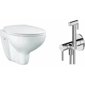 GROHE Комплект за окачена тоалетна чиния Grohe Bau Ceramic, капак с плавно затваряне и хромиран интимен душ комплект с вграден смесител Omnires Y (39351000+SYSYBI2CR)