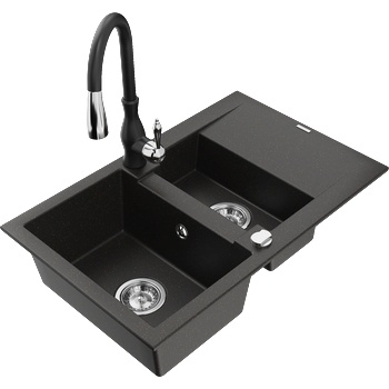 Mexen Gaspar гранитна мивка 1, 5 камери с отцедник и кухненски смесител Savita, черно/златно - 6507-75-672601-70 (6507-75-672601-70)