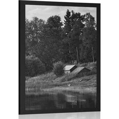 Plakát pohádkové domky u řeky v černo bílém provedení - 30x45 white