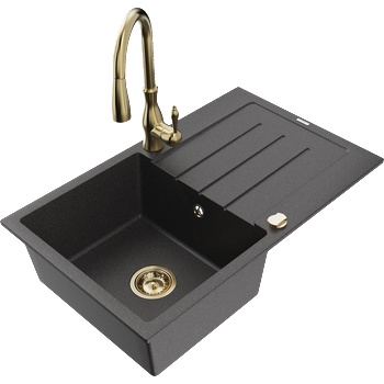 Mexen Bruno гранитна мивка с една камера с отцедник и кухненски смесител Savita, черен с пръски - 6513-76-672601-50 (6513-76-672601-50)