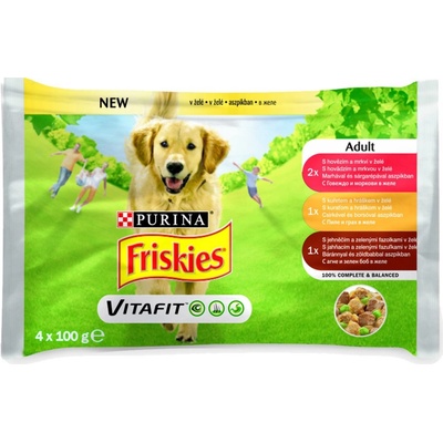 Friskies Adult hovädzina a mrkva kura a hrášok jahňa a zelené fazuľky v želé 4 x 85 g