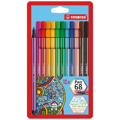 Комплект флумастери Stabilo - Pen 68, 12 цвята (ST6812-7)