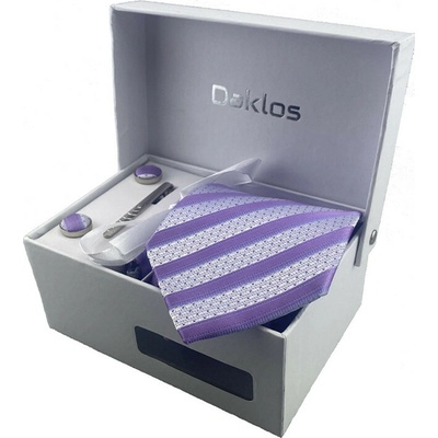 Daklos Luxusní set s fialovými a stříbrnými s pruhy Kravata kapesníček manžetové knoflíčky kravatová spona v dárkovém balení