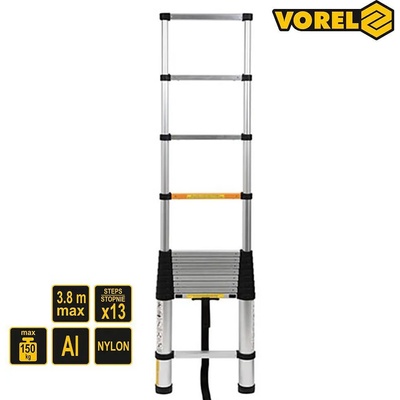 TOYA Стълба телескопична, 150 кг, 3.8 метра, 47x90см, 13 стъпала, VOREL (UNI-06996)