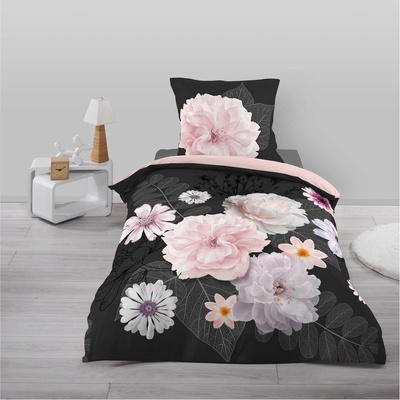 douceur d'intérieur Черно-розово единично памучно спално бельо 140x200 cm Floral - douceur d'intérieur (1443123)
