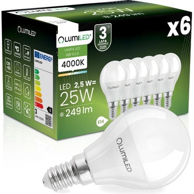 Lumiled 6x LED žiarovka E14 P40 2,5W = 25W 249lm 4000K Neutrálna biela 180°