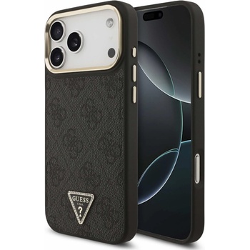 GUESS Дизайнерски кожен кейс с MagSafe за iPhone 17 Pro Max - Guess PU Leather 4G Strass Triangle Logo Gold Frame MagSafe Case (черен) (GUHMP17XP4GTDGMK)