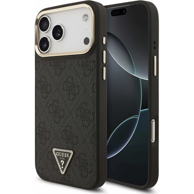 GUESS Дизайнерски кожен кейс с MagSafe за iPhone 17 Pro Max - Guess PU Leather 4G Strass Triangle Logo Gold Frame MagSafe Case (черен) (GUHMP17XP4GTDGMK)