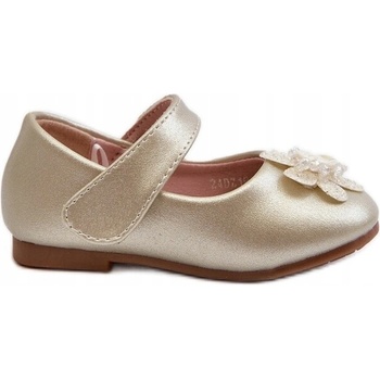 Detské balerínky s ozdobným kvietkom so zapínaním na suchý zips zlaté