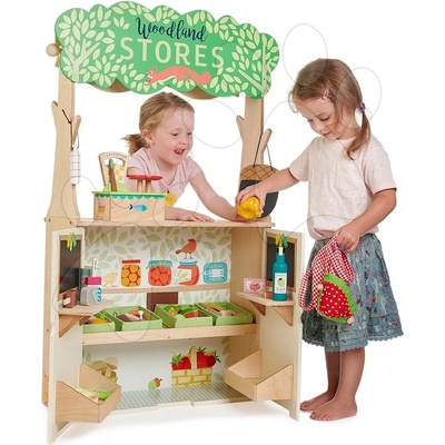 Tender Leaf Toys Dřevěný lesní obchod s divadlem Woodland Stores and Theatre s loutkami a taškou