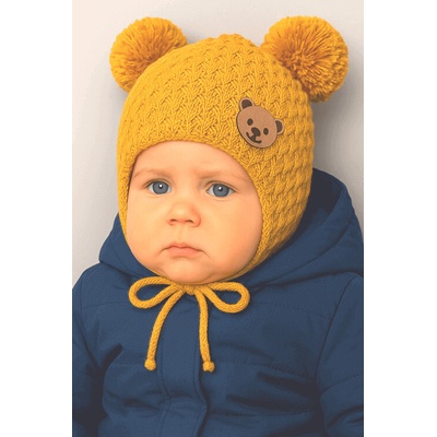 BABY NELLYS Zimná pletená čiapka Teddy Bear na zaväzovanie horčicová