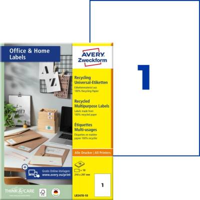 Avery Zweckform Etikety 10 listů A4 bílé 210 x 297 mm recyklované LR3478-10
