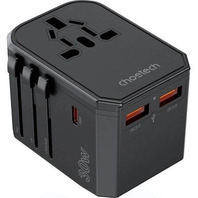 Choetech PD6041 Universal World Travel Adapter 30W - захранване с 1xUSB-C и 2xUSB-A изхода и преходници за цял свят в едно устройство за мобилни устройства (черен)