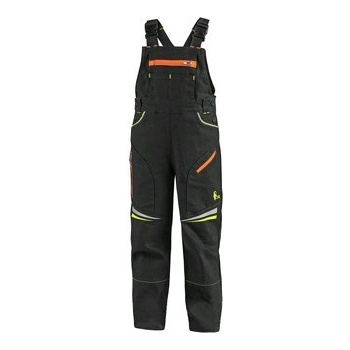 CXS Detské pracovné nohavice s náprsenkou GARFIELD, čierne s HV žlto/oranžovými