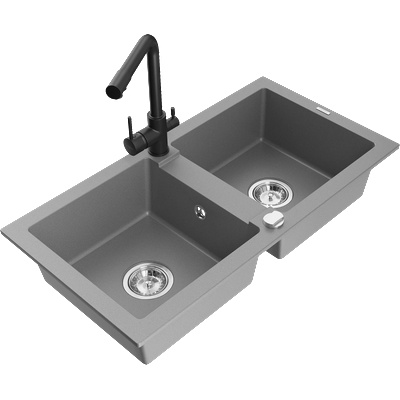 Mexen Mario гранитна мивка с 2 отделения с кухненски смесител Duero, сива - 6504-71-671600-70 (6504-71-671600-70)