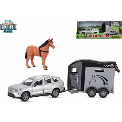 Kids Globe Mikro trading Traffic Volvo EX90 kov s přívěsem pro koně 28 cm