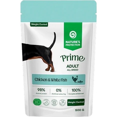 AKVATERA Nature's Protection DOG Prime Adult Dogs Weight Control All Breeds with Chicken and White Fish, пауч за пораснали кучета от всички породи - хапки в сос с пилешко месо и бяла риба, за поддържане на оптимално телесно тегло, Литва - 500 гр 210801