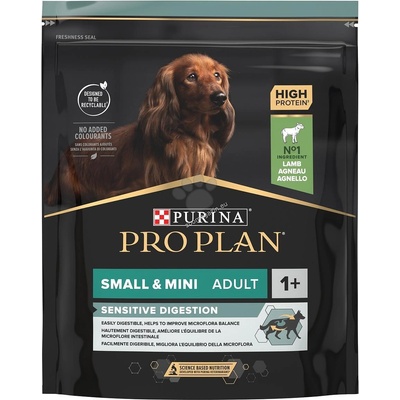 Purina PRO PLAN Dog Small&Mini Adult SENSITIVE DIGESTION за кучета в зряла възраст от малки и дребни породи, с чувствително храносмилане, суха храна, с високо съдържание на Aгне