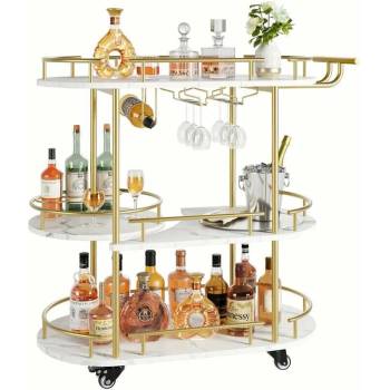 Servírovací stolek kolečka kov MDF zlatá imitace bílého mramoru NoBi SAFRON