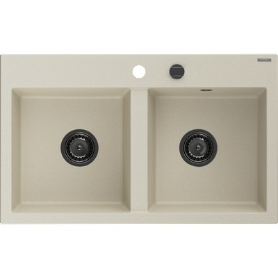 Mexen Hektor гранитна мивка с 2 отделения 800 x 480 mm, бежова, черен сифон - 6521802000-69-B (6521802000-69-B)