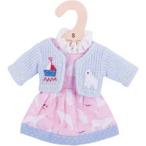 Bigjigs Toys - Дрехи за кукла 25 см - Розова рокля с жилетка - Полярна мечка