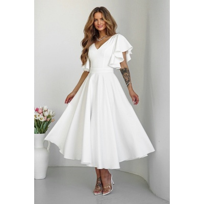 Warsaw Dress midi šaty s volánovými rukávmi biele