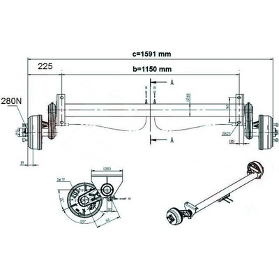 Náprava KNOTT GB 13 (1350 kg) b 1150 mm, c 1591 mm, 200x50, 112x5, Wasser, patky, PV 1.3 60106