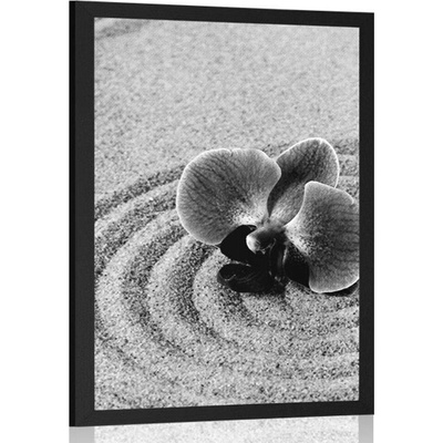 Plakát písečná Zen zahrada s orchidejí v černobílém provedení - 30x45 no frame
