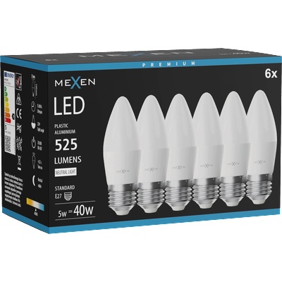 Mexen Nova 6x LED крушка E27, C37, 5W, Неутрална - 4000K, 525 lm - L102-E27-0540-01x06 (L102-E27-0540-01x06)