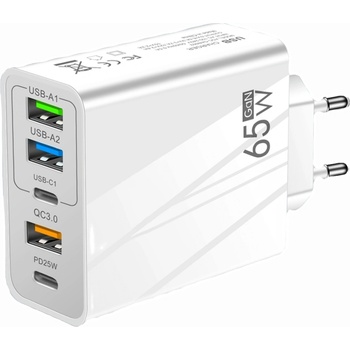 Image 1 of Planet Tech Мрежово зарядно устройство, 65W бързо зареждане, 5 порта, 3 x USB, 2 x Type-C, универсално съвместимо iPhone, Huawei, Samsung, Xiaomi, Бяло (TRG-156)