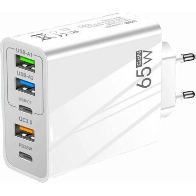 Planet Tech Мрежово зарядно устройство, 65W бързо зареждане, 5 порта, 3 x USB, 2 x Type-C, универсално съвместимо iPhone, Huawei, Samsung, Xiaomi, Бяло (TRG-156)