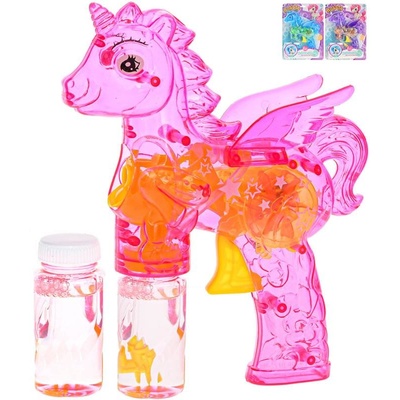 Bublifukovač pistole jednorožec 26cm na setrvačník se světlem 2 náplně 3barvy na kartě