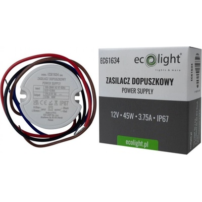 Vstupní napájecí zdroj FI60 pro LED pásky 45W 12V 3,75A Hermetický IP67 Ecolight – Sleviste.cz