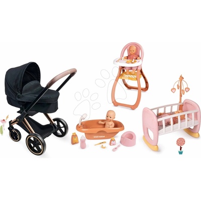 Corolle Set trojkombinácia v jedálni Cybex Black 3in1 Pram s jedálenskou stoličkou vaničkou a kolískou