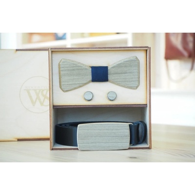 Wood Style Set Hranatý Šedé hedvábí opasek motýlek a manžetové knoflíčky Modrotisk