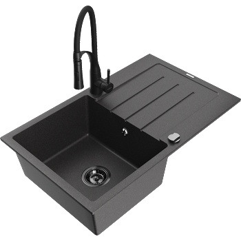 Mexen Bruno кухненска мивка от гранит с 1 гнездо с дренаж и кухненски смесител Aster, черен с пръски - 6513-76-73450-70-B (6513-76-73450-70-B)