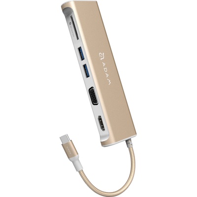 ADAM elements Casa Hub A03 - USB-C хъб с 2 USB изхода, HDMI порт, VGA порт и четец за карти памет за устройства с USB-C порт (златист) (AAPADHUBA03GD-1)