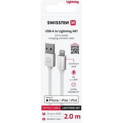 Swissten 71524303 USB 2.0 typ A na Lightning, USB 2.0, zástrčka A - zástrčka Lightning, MFi, opletený, 2m, stříbrný